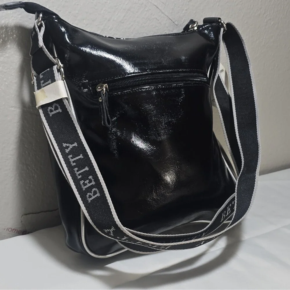 Betty Boop Black Silver Patent Crossbody Bag Purse Y2K Graphic Print Zip Charm